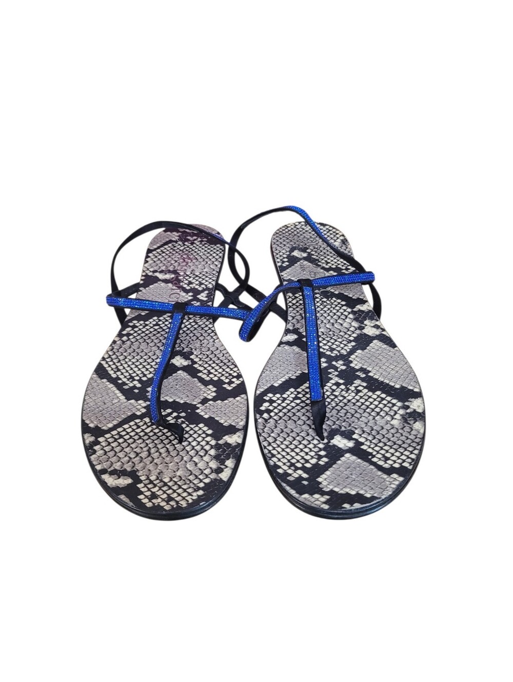 New Pedro Garcia Snakeskin Blue Crystal Embellished T-Strap Flat Thong 11